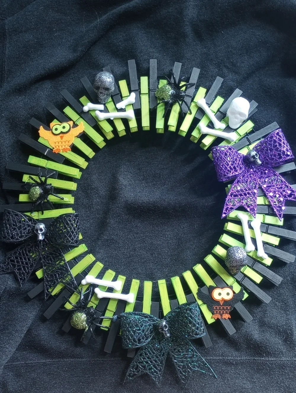 Kids Halloween Clothespin Wreath with Green, Black, Purple Accents